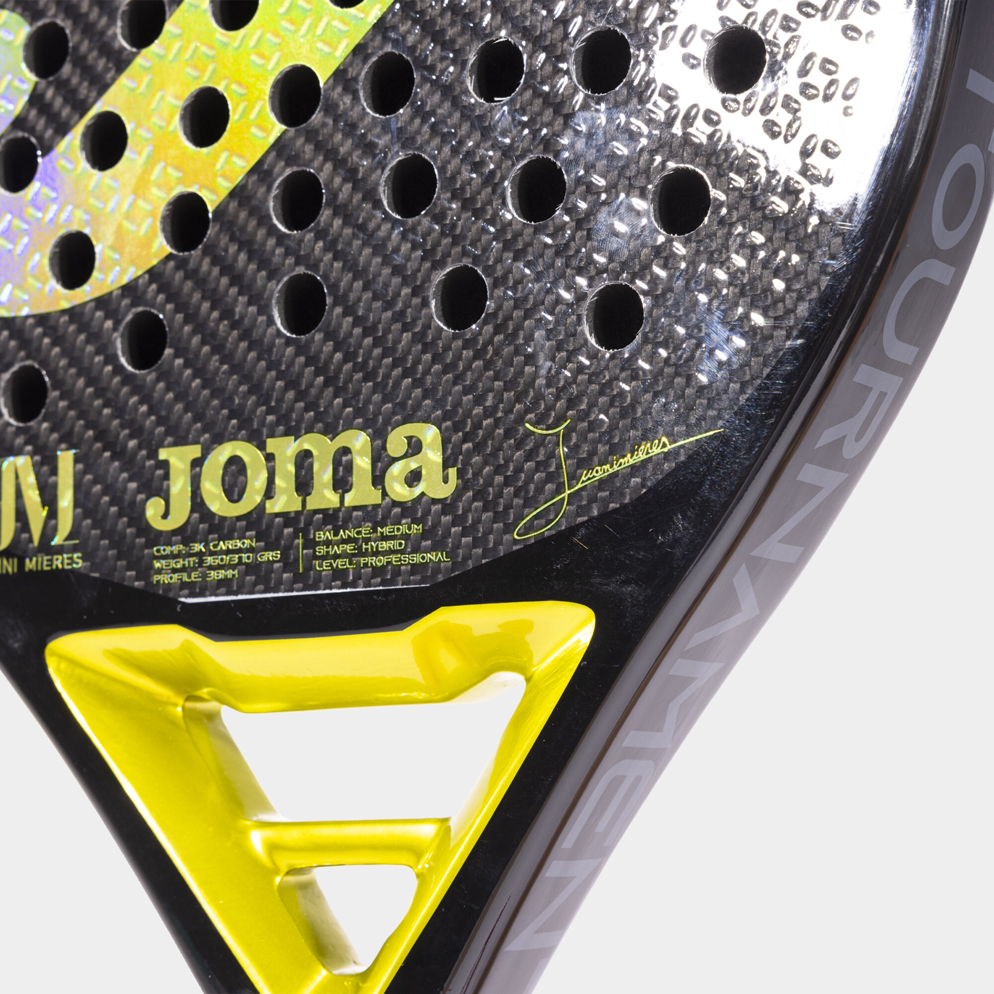 Pala de pádel Tournament JUANI MIERES negro amarillo vista de corazón