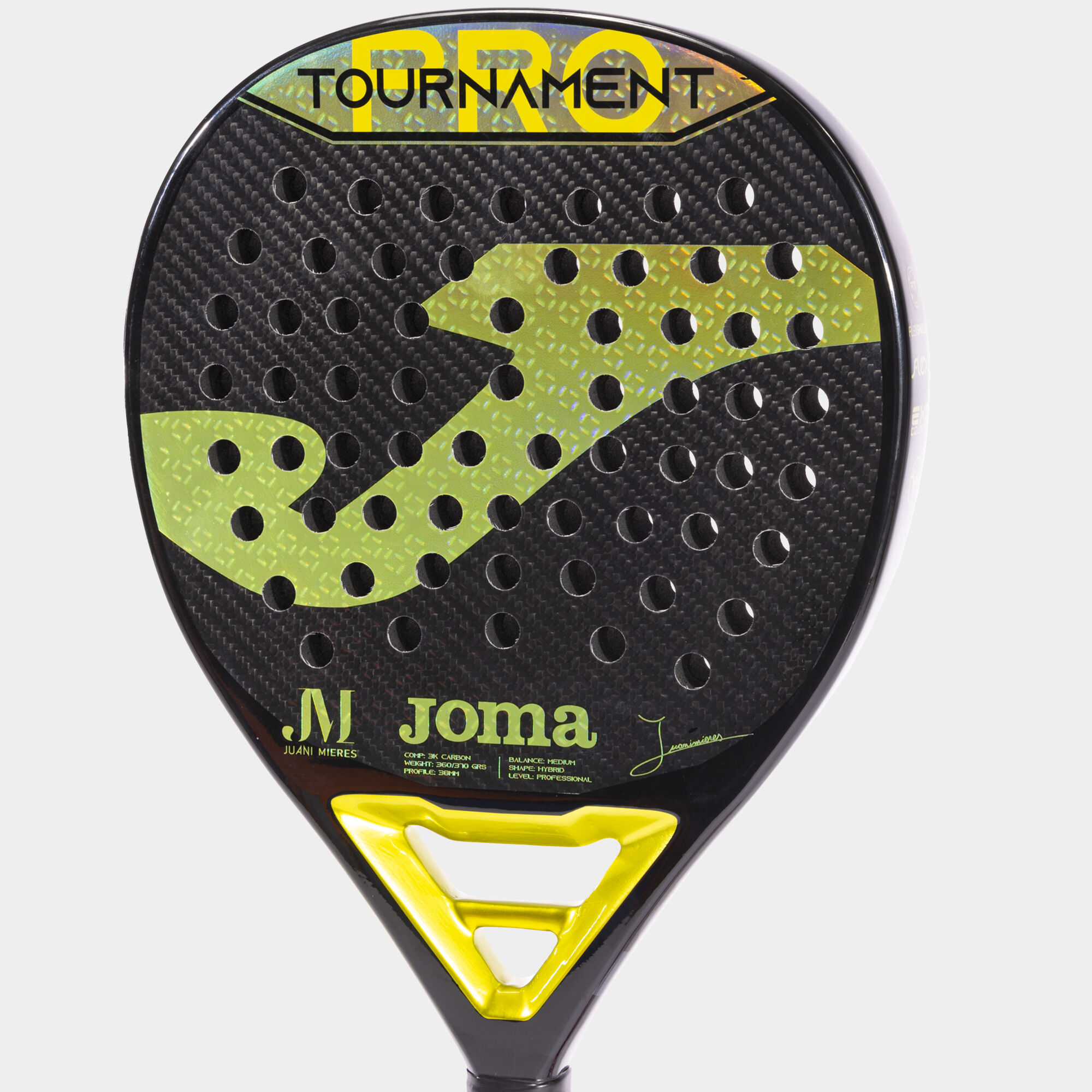 Pala de pádel Tournament JUANI MIERES negro amarillo vista de corazón