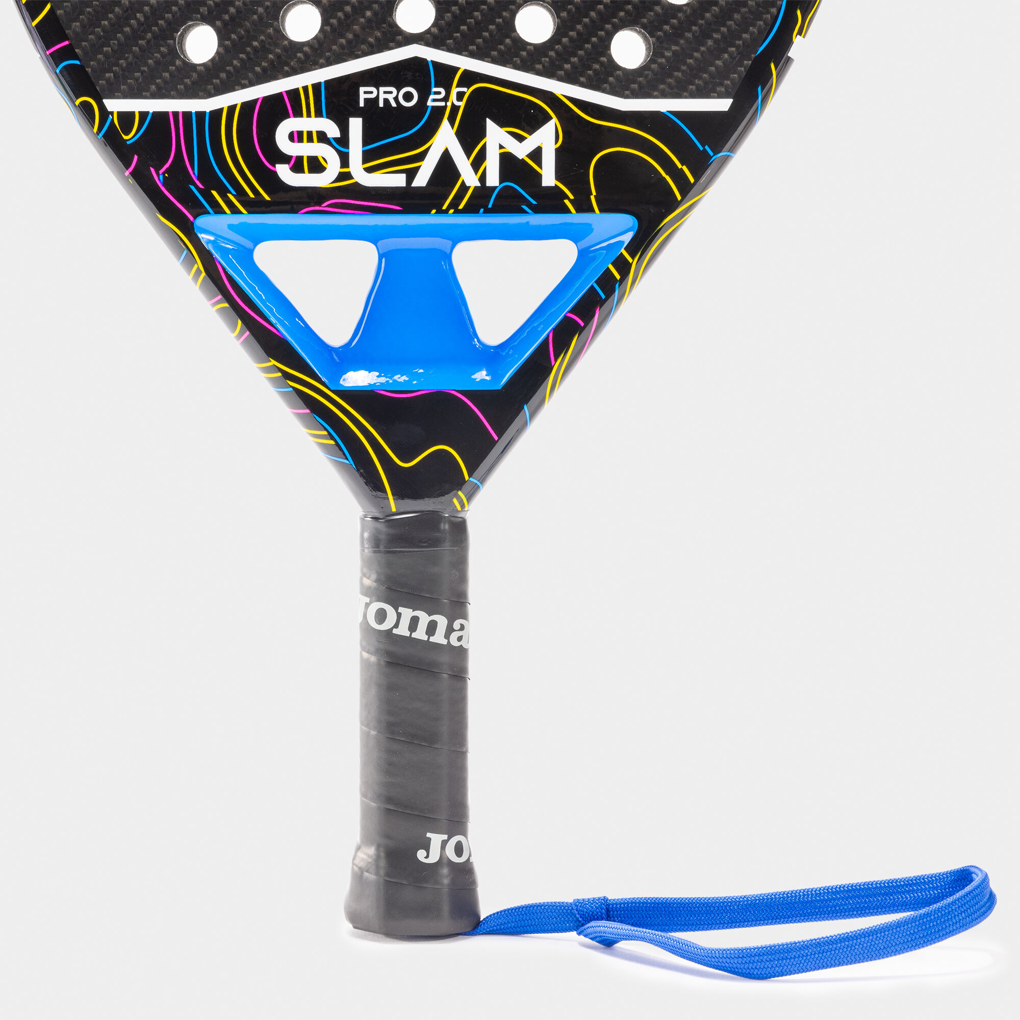 Pala de pádel Slam Pro negro turquesa flúor vista del corazón y mango