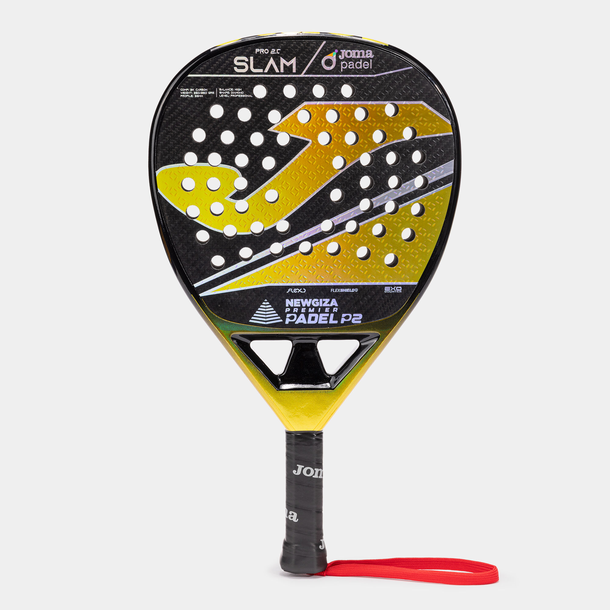 Pala de pádel Slam Pro New Giza Premier Padel negro amarillo vista de frente