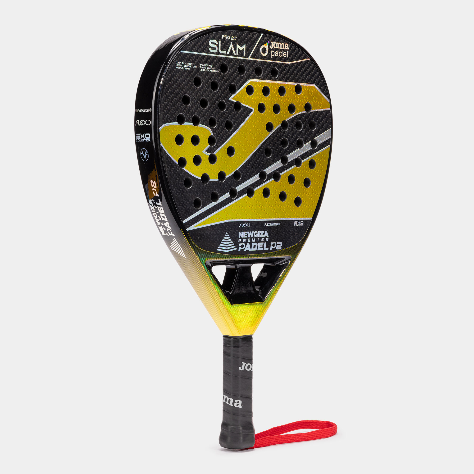 Pala de pádel Slam Pro New Giza Premier Padel negro amarillo vista ladeada