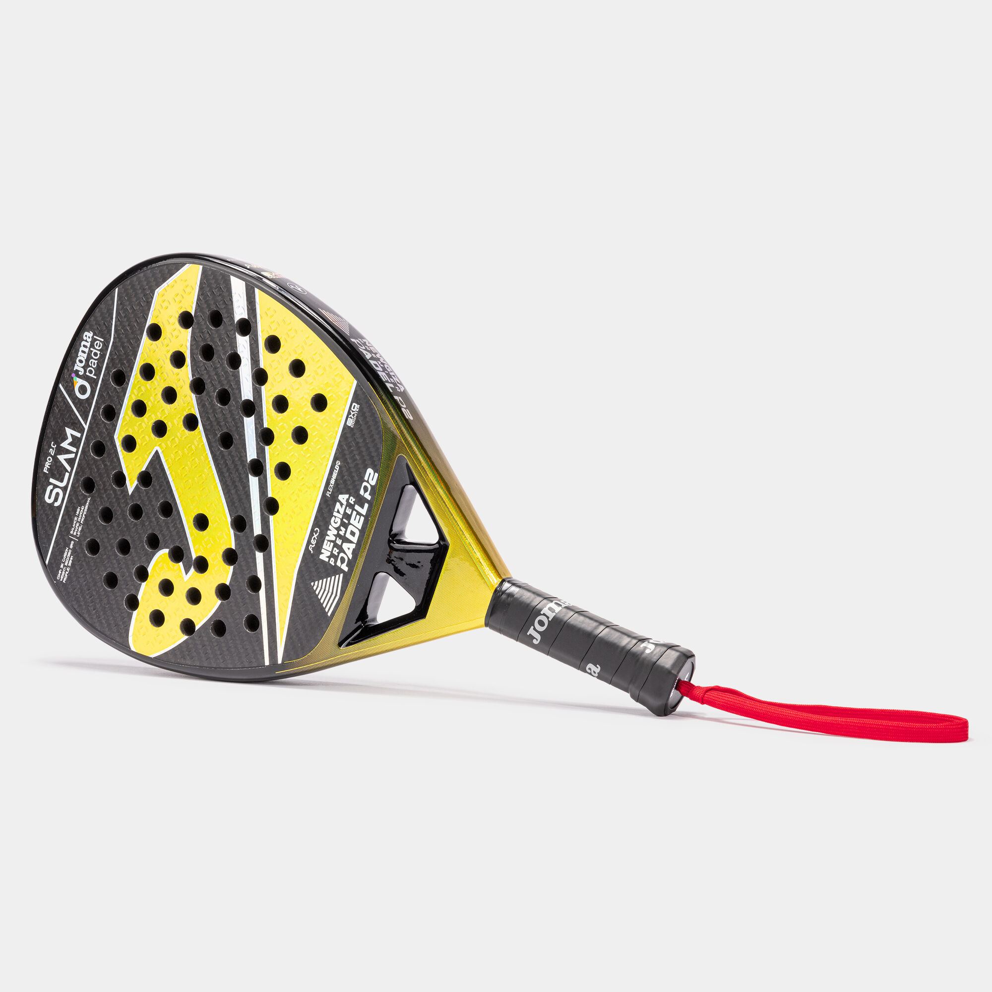 Pala de pádel Slam Pro New Giza Premier Padel negro amarillo apoyada del lado izquierdo