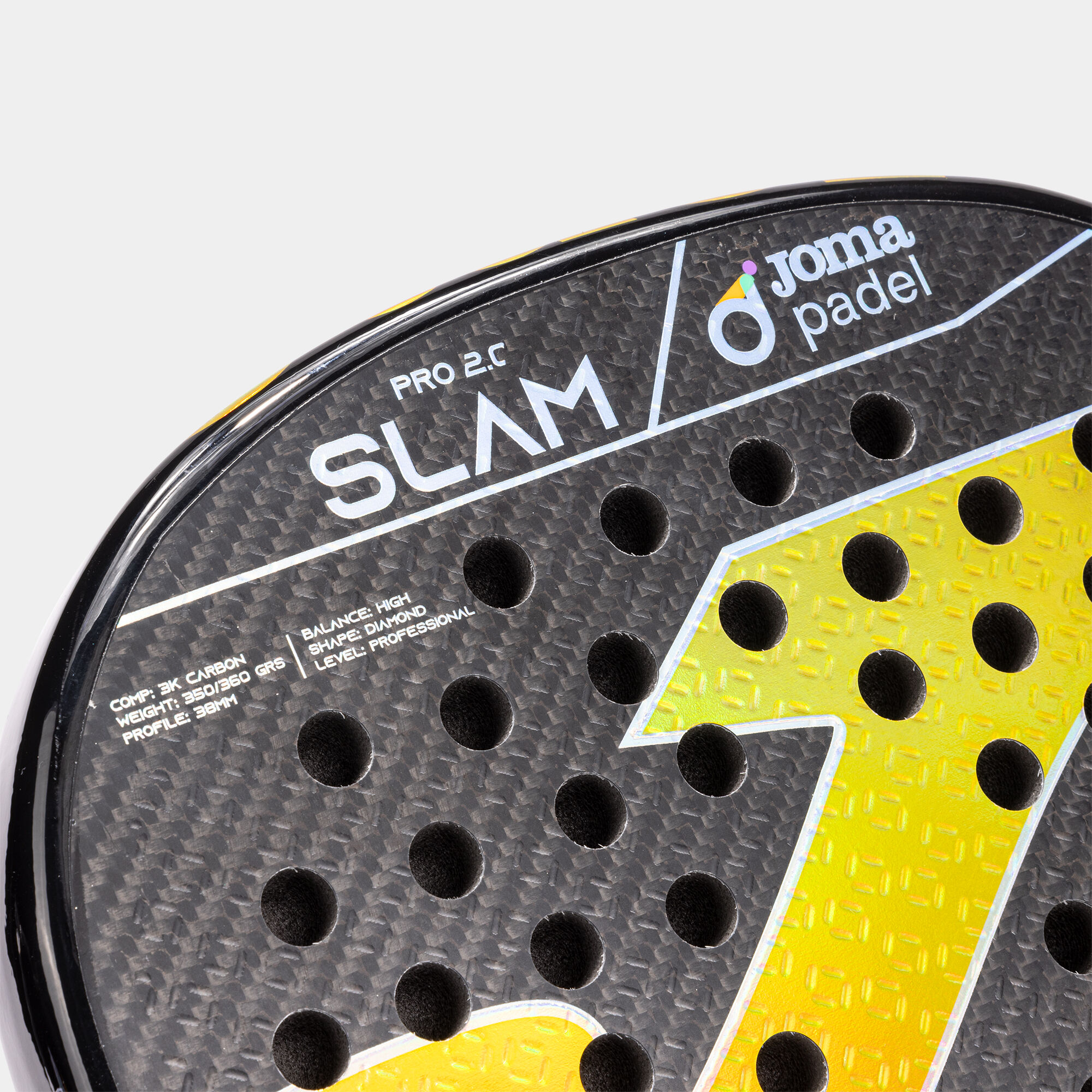 Pala de pádel Slam Pro New Giza Premier Padel negro amarillo vista de la cabeza
