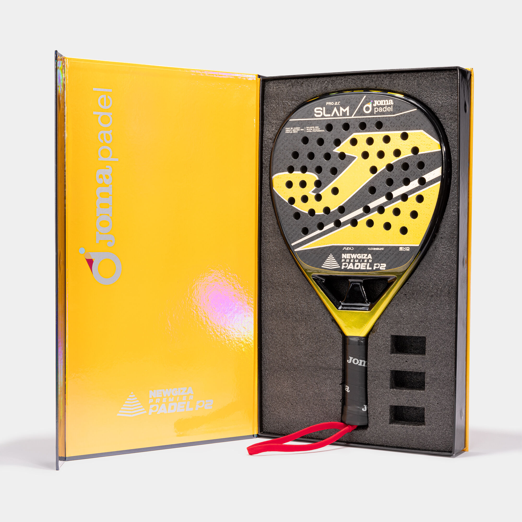 Primer plano caja de Pala de pádel Slam Pro New Giza Premier Padel negro amarillo